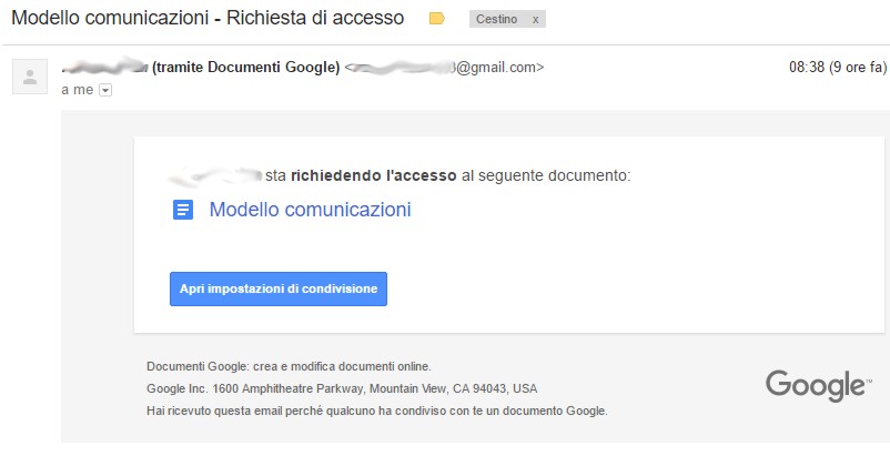 Un esempio di messaggio inviato automaticamente dal sistema nel caso qualcuno abbia tentato di accedere a un documento senza averne l'abilitazione.